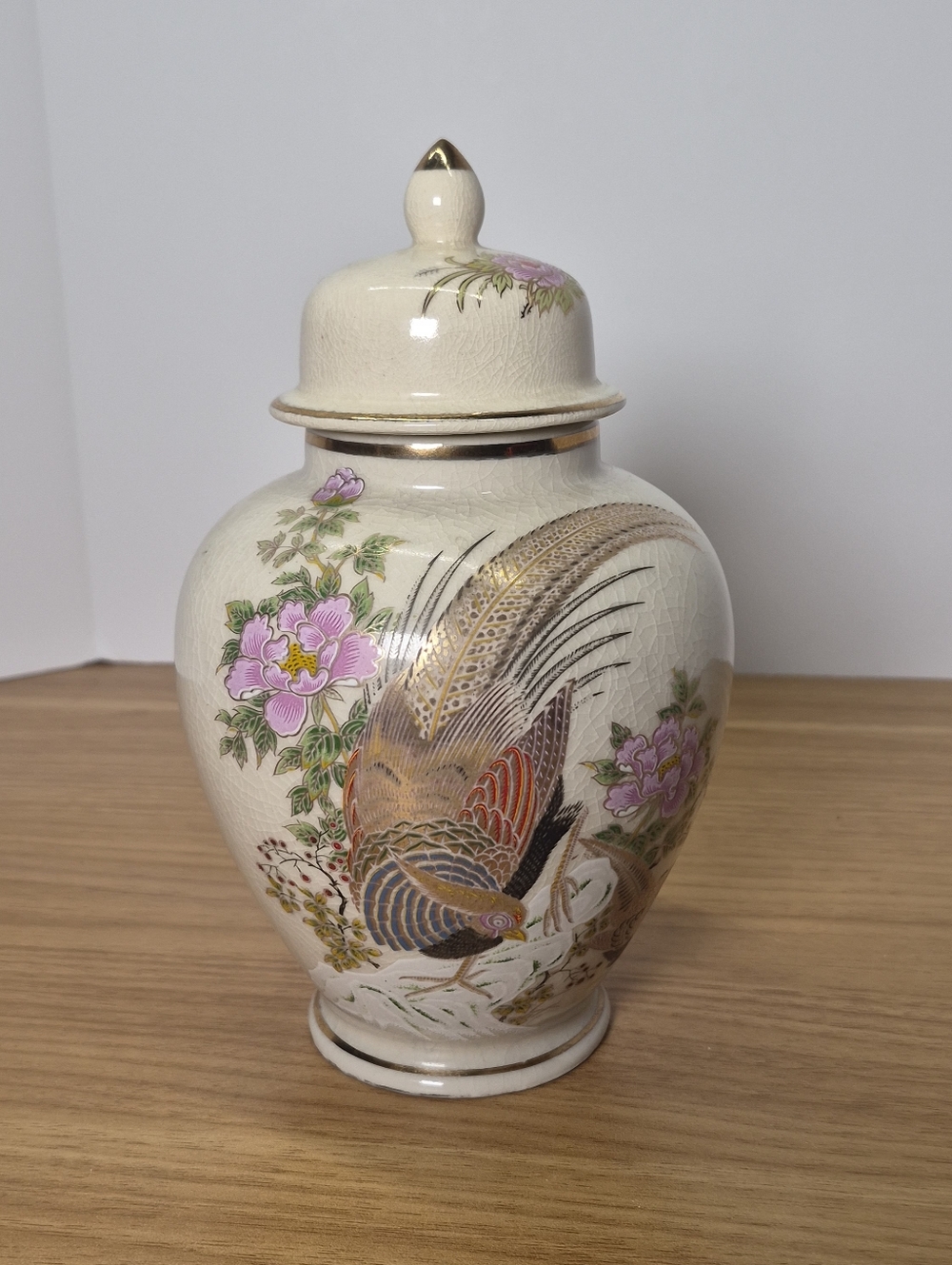 VINTAGE Japanese Satsuma Style Ginger Jar Pheasant Peony Gold Gilt 8”